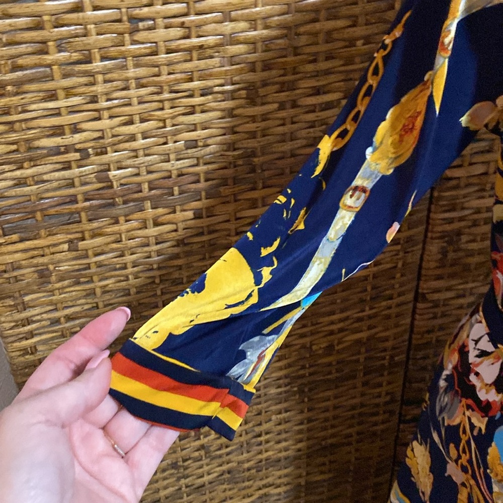EUC Mlle Gabrielle blue golden yellow red three quarter sleeve maxi Dress 1X - Picture 4 of 6